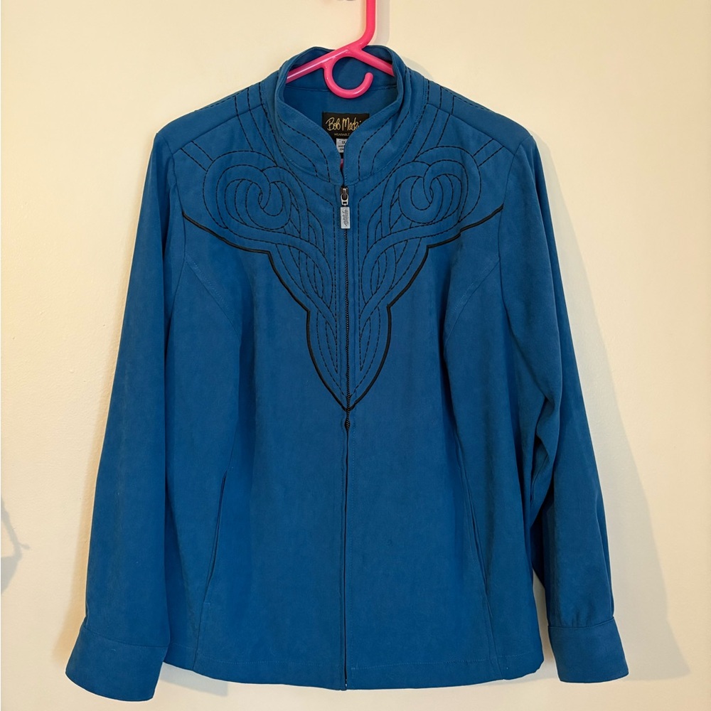 Bob Mackie Faux Suede Embroidered Blue Jacket, Size 1X